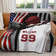 Baseball batter in hitting stance before American flag with jersey typography, view 5.