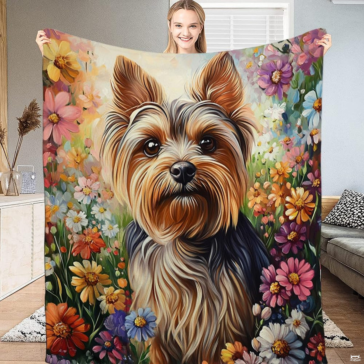Oil painting portrait of Yorkshire terrier dog surrounded by garden wildflowers, view 1.