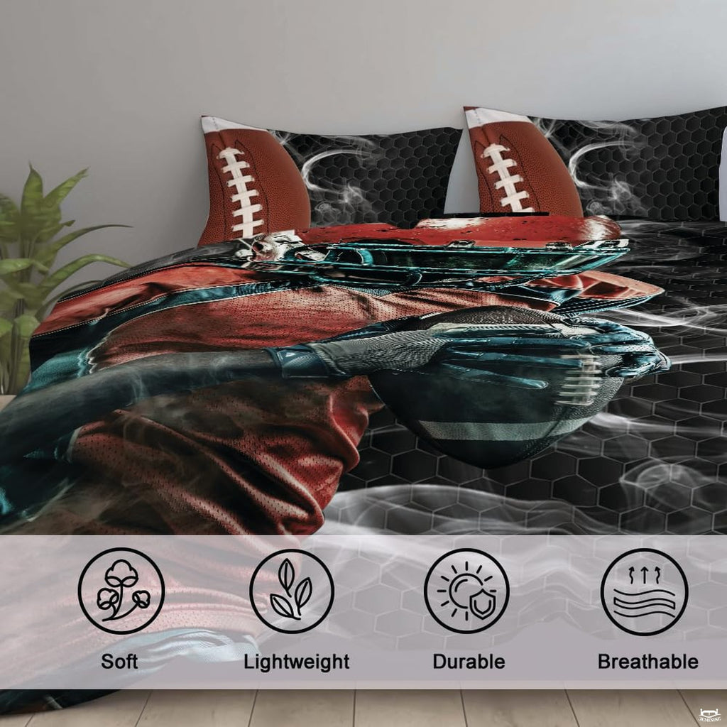 Corner angle view of athletic bedding illustrating deep charcoal and black tones in a modern bedroom setting