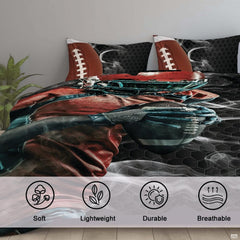 Corner angle view of athletic bedding illustrating deep charcoal and black tones in a modern bedroom setting
