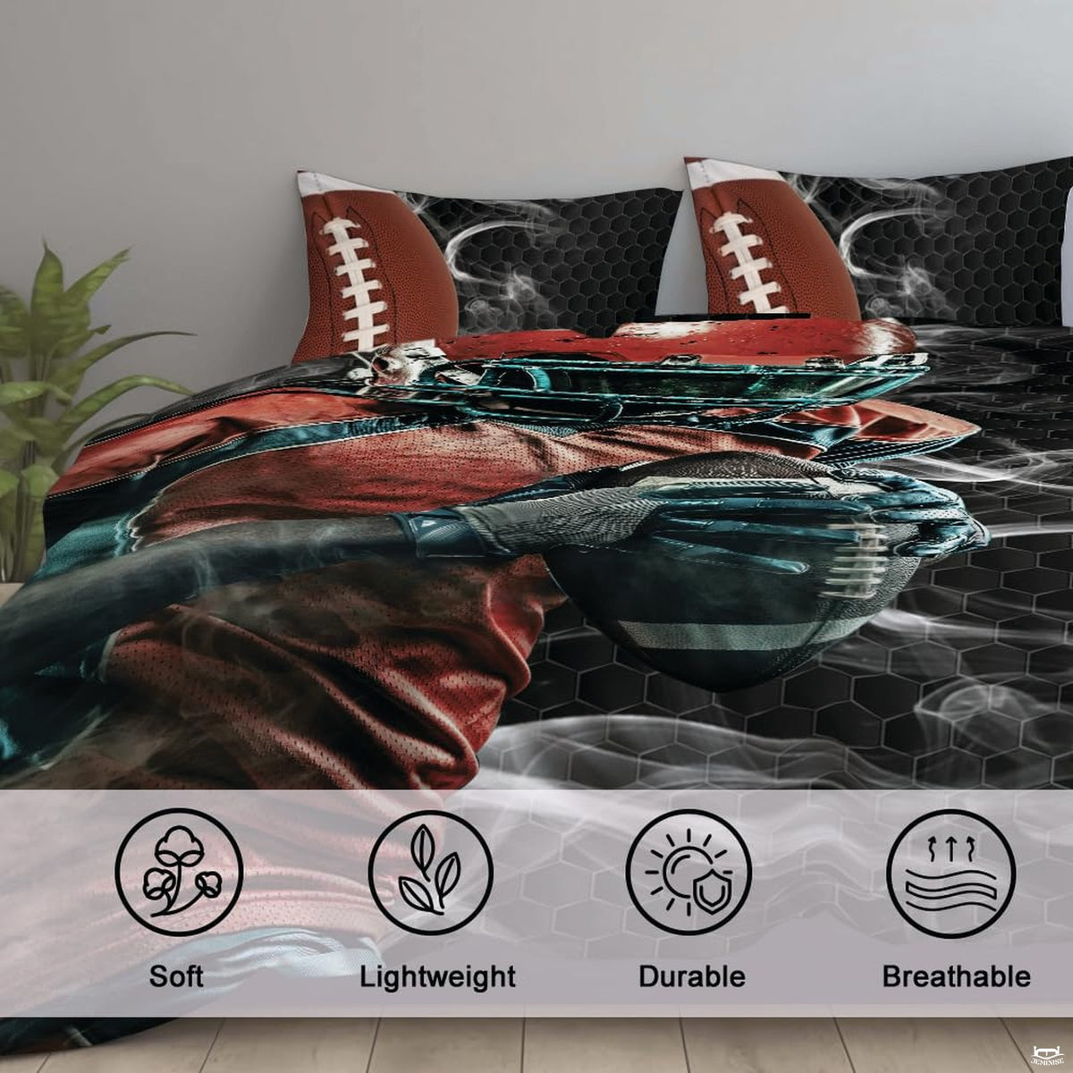 Corner angle view of athletic bedding illustrating deep charcoal and black tones in a modern bedroom setting