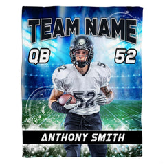 Quarterback football throw blanket view 2 highlighting athletic runner, green field turf, and stadium floodlights