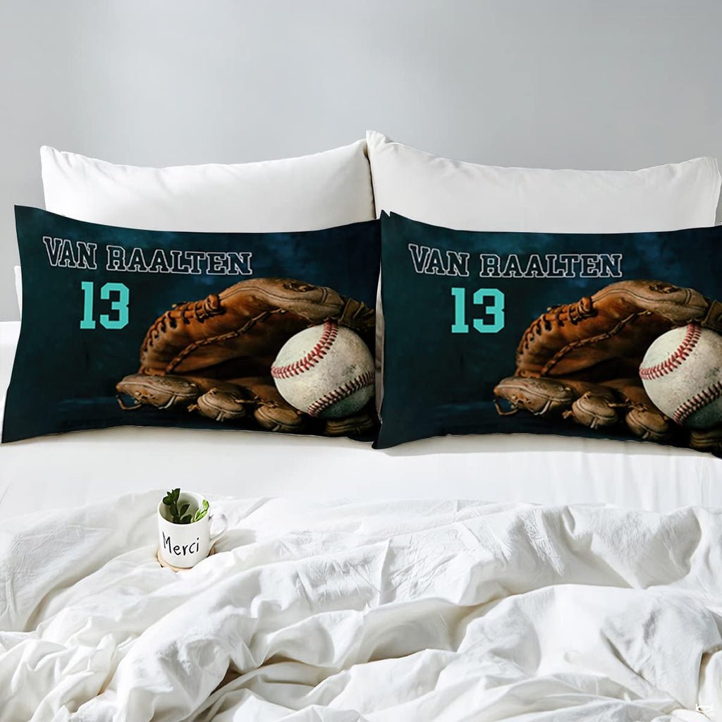 Overhead perspective of teal baseball bedding arranged neatly across an athletic bedroom mattress