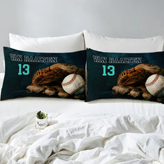 Overhead perspective of teal baseball bedding arranged neatly across an athletic bedroom mattress