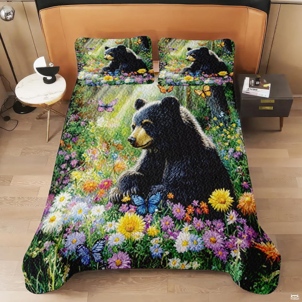 Full bedroom display of sage moss bear bedding styled with lodge decor and natural pine accents