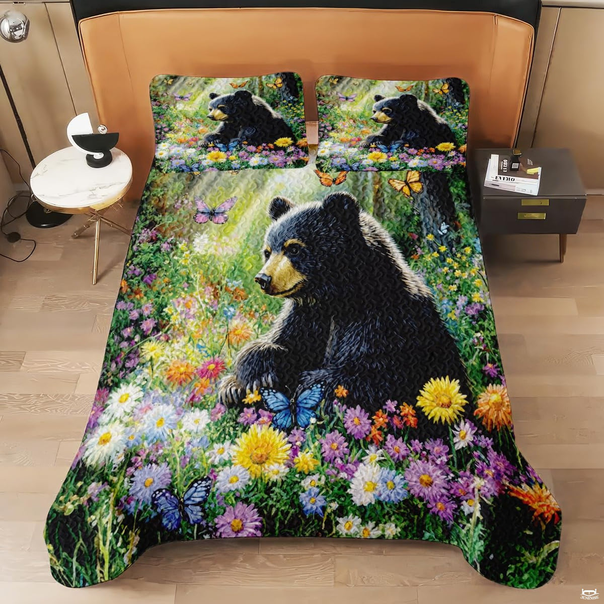 Full bedroom display of sage moss bear bedding styled with lodge decor and natural pine accents