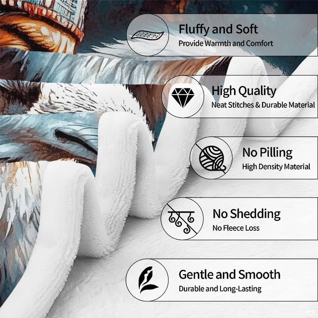 Native warrior eagle wolf throw blanket view 7 highlighting tribal diamonds, headdress, and wildlife