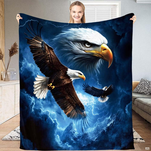 Dramatic bedding set with soaring bald eagles and lightning strikes across midnight skies.