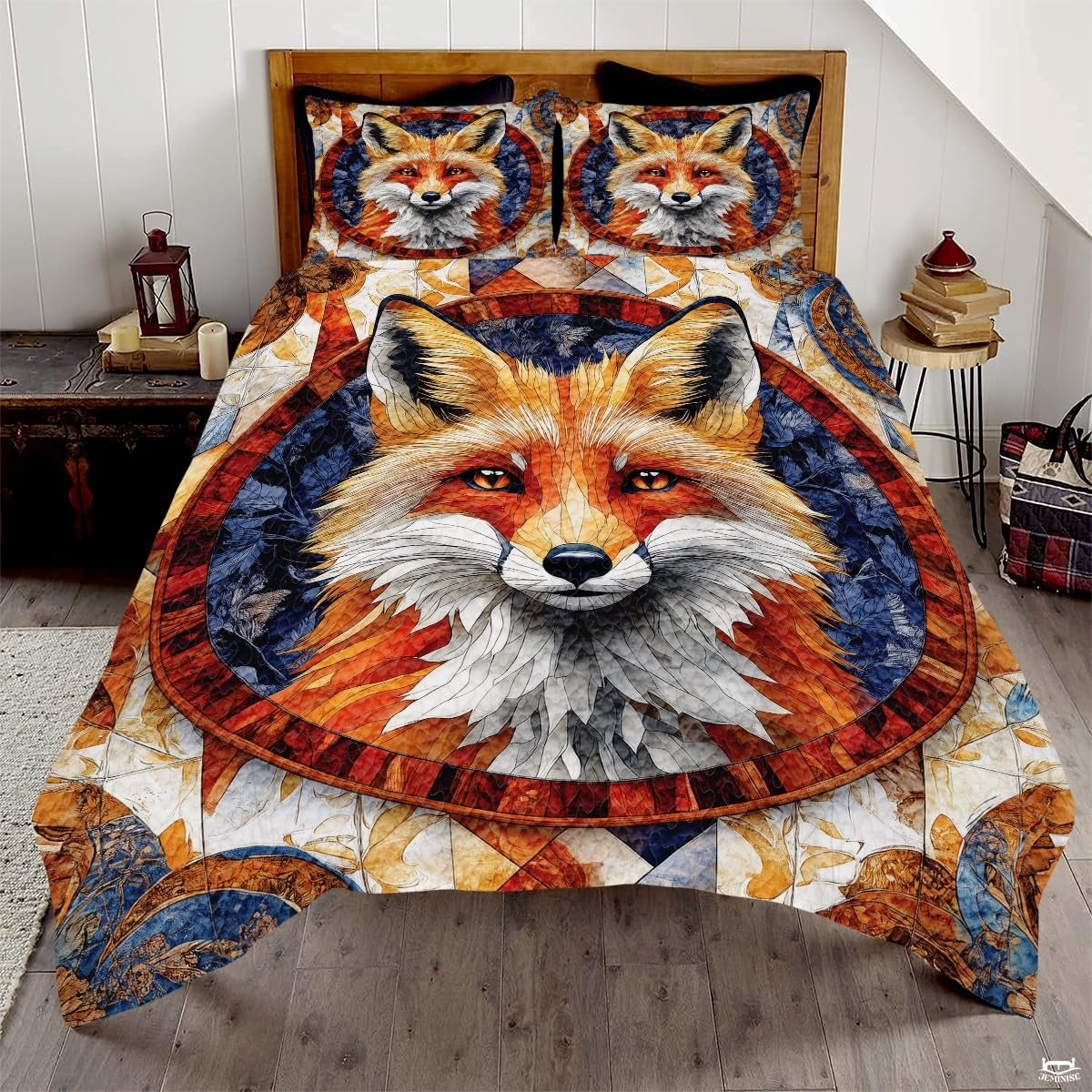 Fox Patchwork Pattern Quilt Set, Animal Quilt Set Patchwork Style, Premium Quilt Pattern Bedspread for Mom Daughter, Fox Bedding Quilt (Full/Throw/Queen/King/Twin Size)