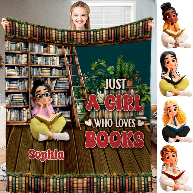 Library ladder bookshelf throw blanket displaying an illustrated girl reading beside a rolling ladder bookcase.