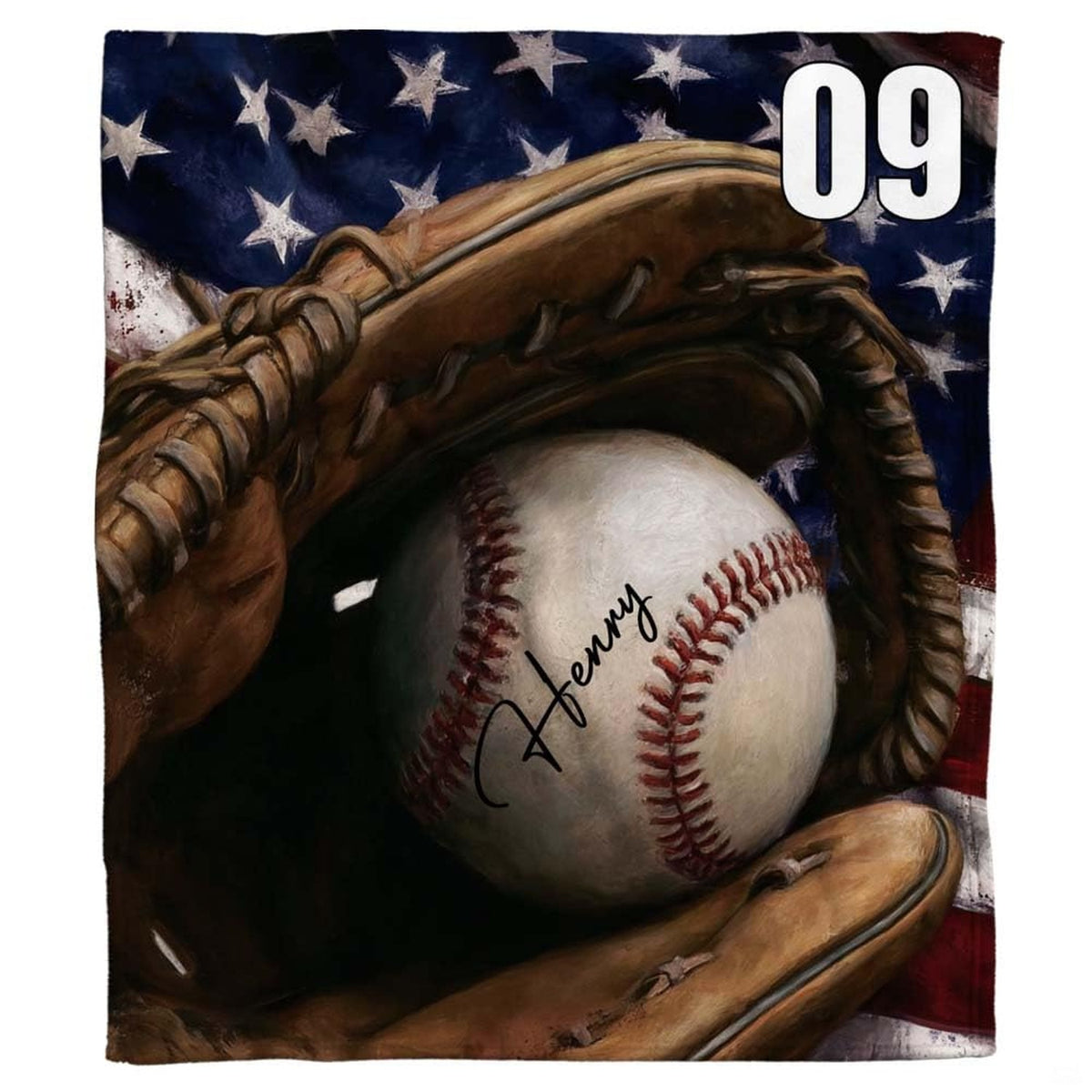 Patriotic baseball glove flag throw blanket featuring painted baseball in fielding glove over American flag