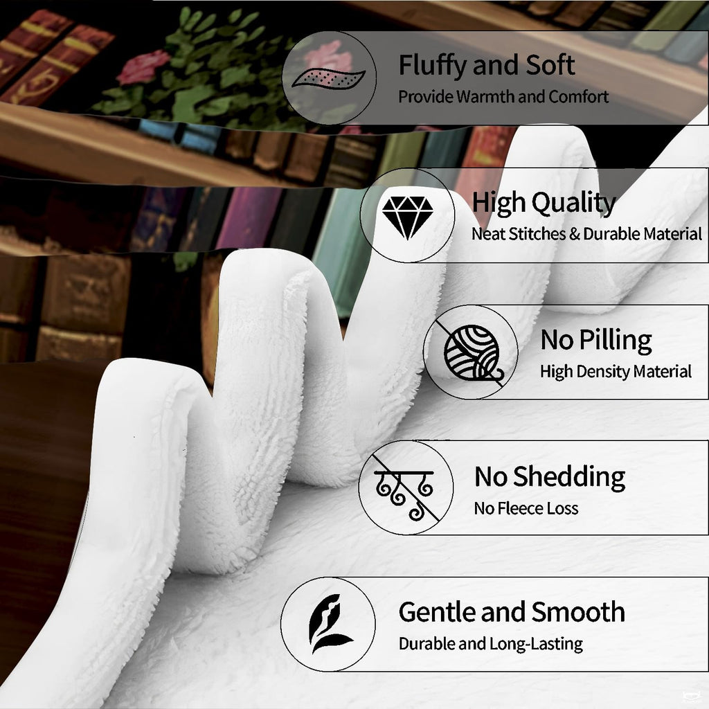 Bookworm girl throw blanket view 5 highlighting reader character, wooden library shelves, and houseplants