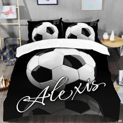 Top-down view of monochrome black and white football bedding set arranged neatly on a youth bedroom mattress