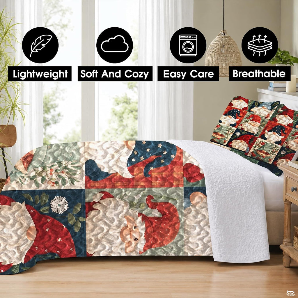 Close view of holiday gnome artwork in rustic red, sage green, navy blue, and amber tones on bedroom bedding.