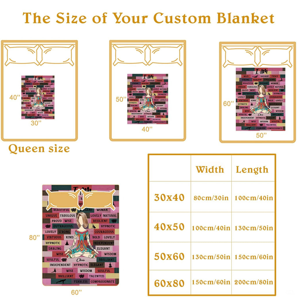 Overhead perspective of the colorful patchwork print emphasizing serene hues and affirming word blocks.