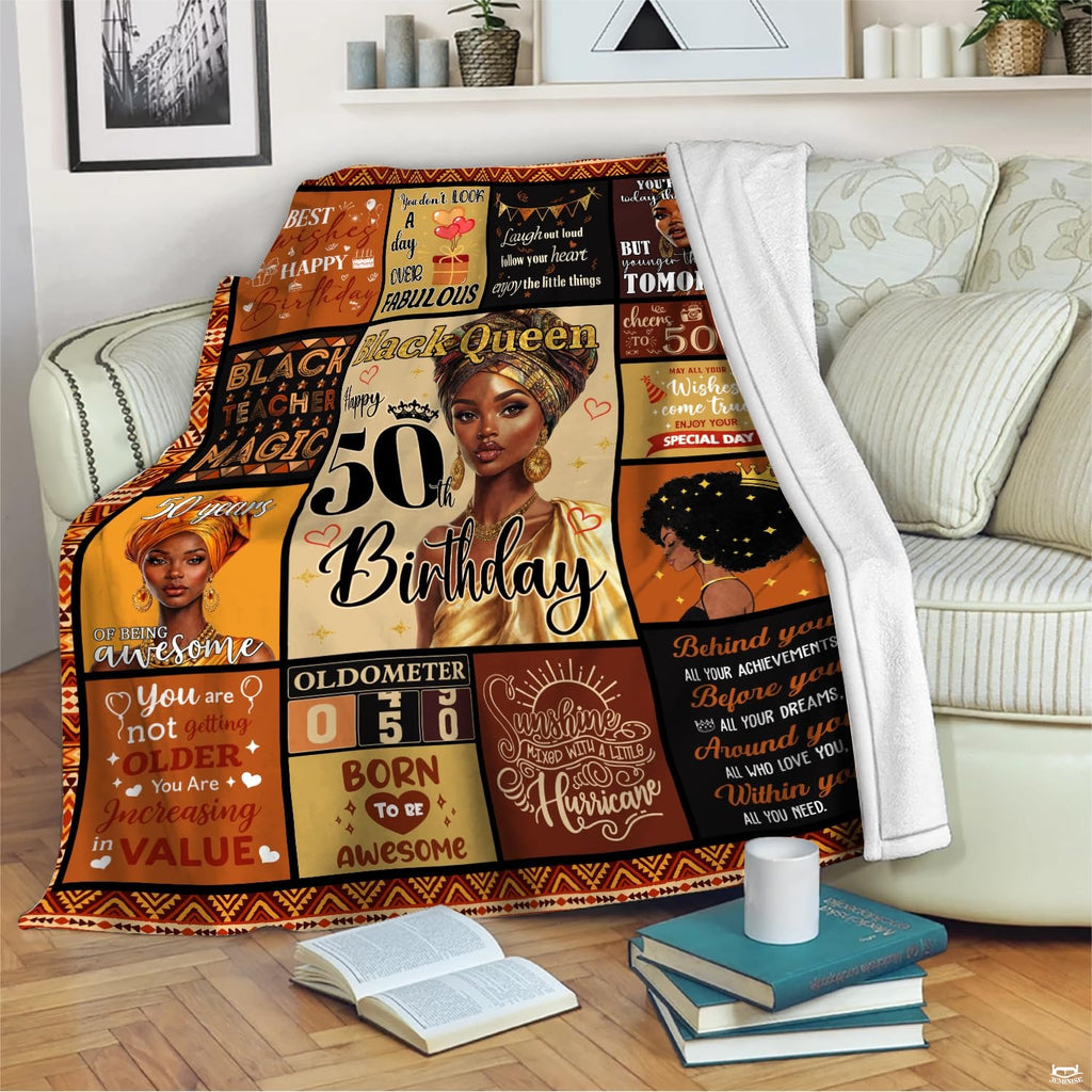 Detail view of golden celebration typography tiles on milestone birthday throw blanket