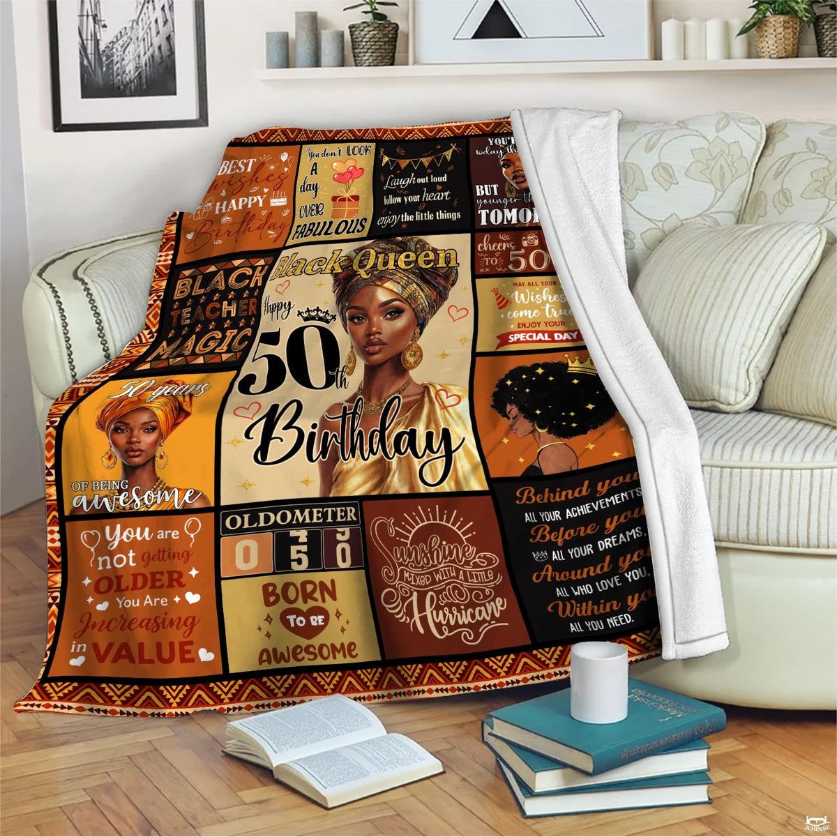 Detail view of golden celebration typography tiles on milestone birthday throw blanket