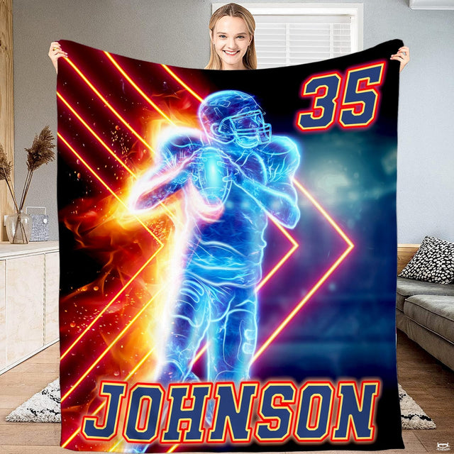 Electric neon blue football player with fiery chevron laser lines and varsity lettering, view 1.