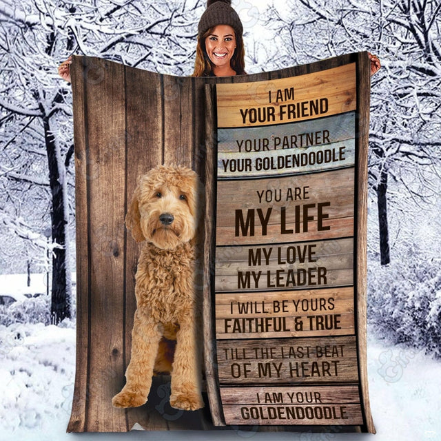 Curious doodle pup rustic wood slat blanket displayed in winter snow