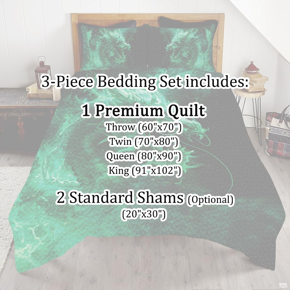 Green dragon bedding mockup with luminous serpentine artwork