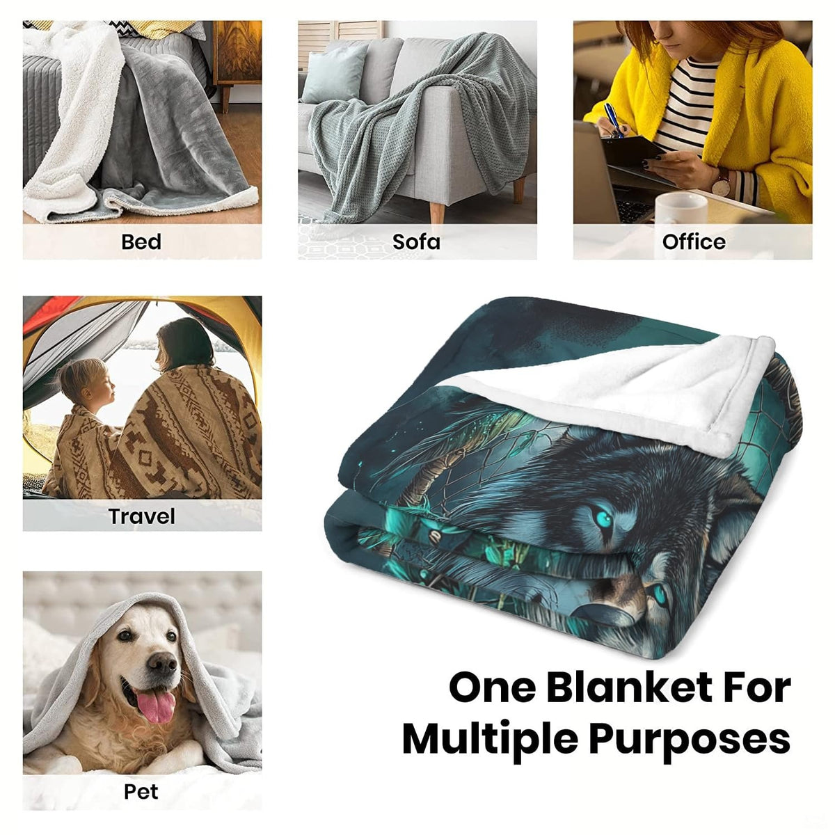 Overhead view of moonlit wolf wildlife bed sheets centerpiece styling in a modern bedroom.