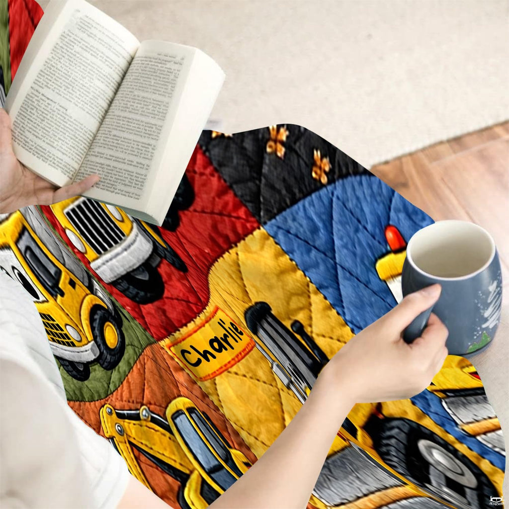 Worksite bedding showcasing cartoon steamroller, forklift, and cement mixer artwork framed by hazard borders.