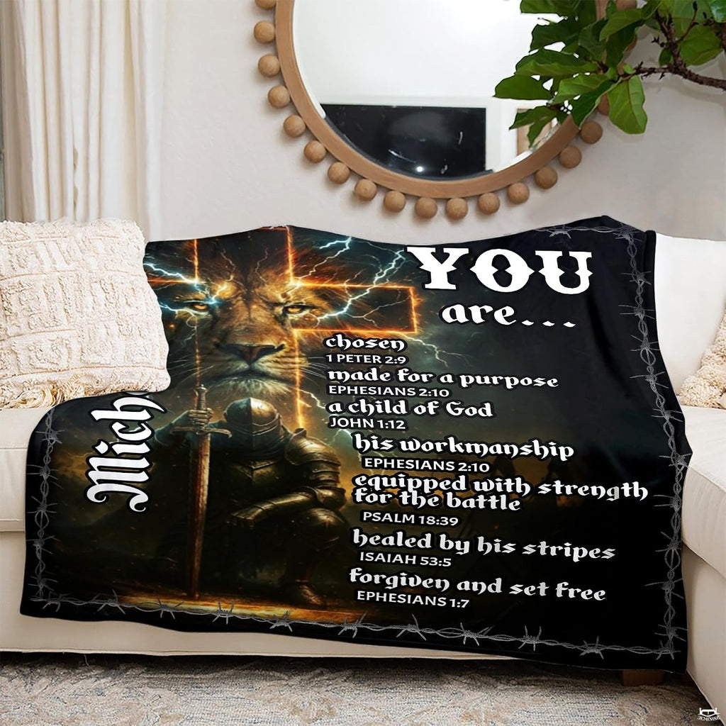 Lifestyle display of the inspirational knight artwork blanket in a home interior.