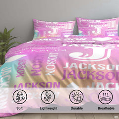 Corner perspective of bedding highlighting vibrant blush pink and lilac purple gradient color printing