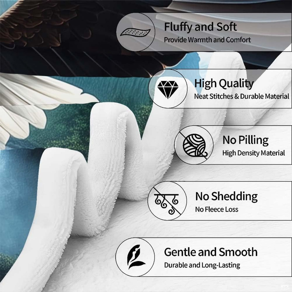 Flying bald eagle waterfall mountain throw blanket perspective 5 detailing eagle wings and landscape