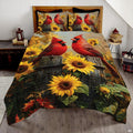 Cardinal and sunflower oil-painting bedding set styled on a wooden bed in a bright bedroom.