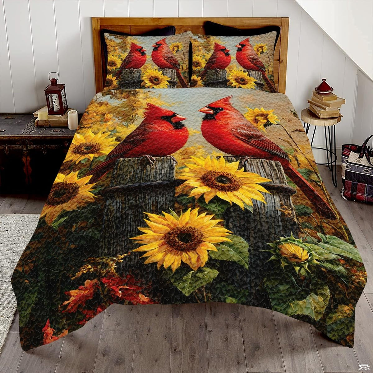 Cardinal and sunflower oil-painting bedding set styled on a wooden bed in a bright bedroom.