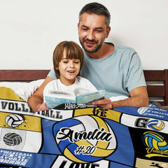 Volleyball typography sports throw blanket view 3 detailing geometric graphic panels and player silhouettes