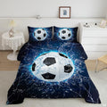 Steel blue soccer cleats and ball field bedding set displayed neatly on a bed in a sporty room