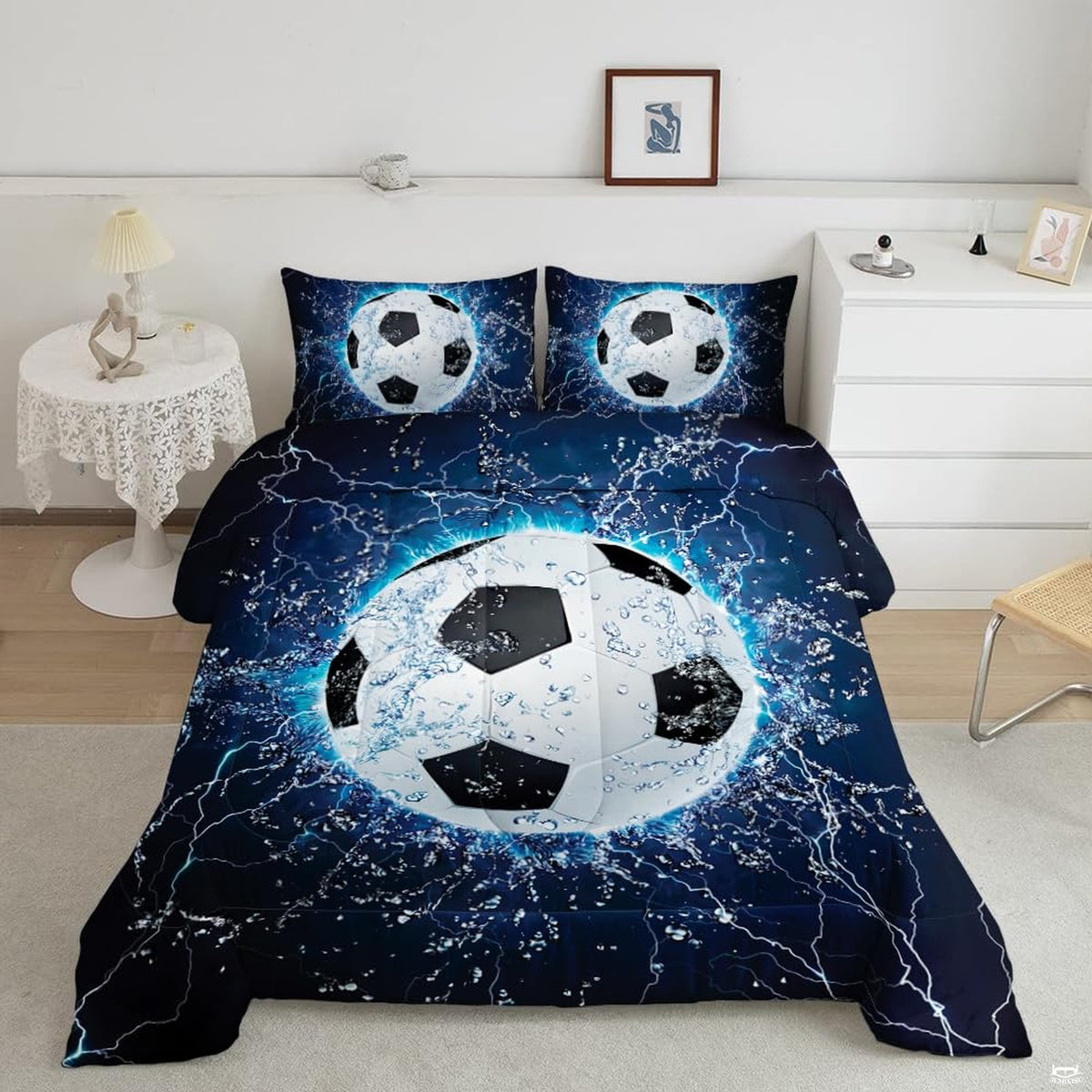 Steel blue soccer cleats and ball field bedding set displayed neatly on a bed in a sporty room