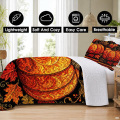 Close-up perspective of carved baroque scrollwork on glowing pumpkin and crimson autumn foliage on bedding