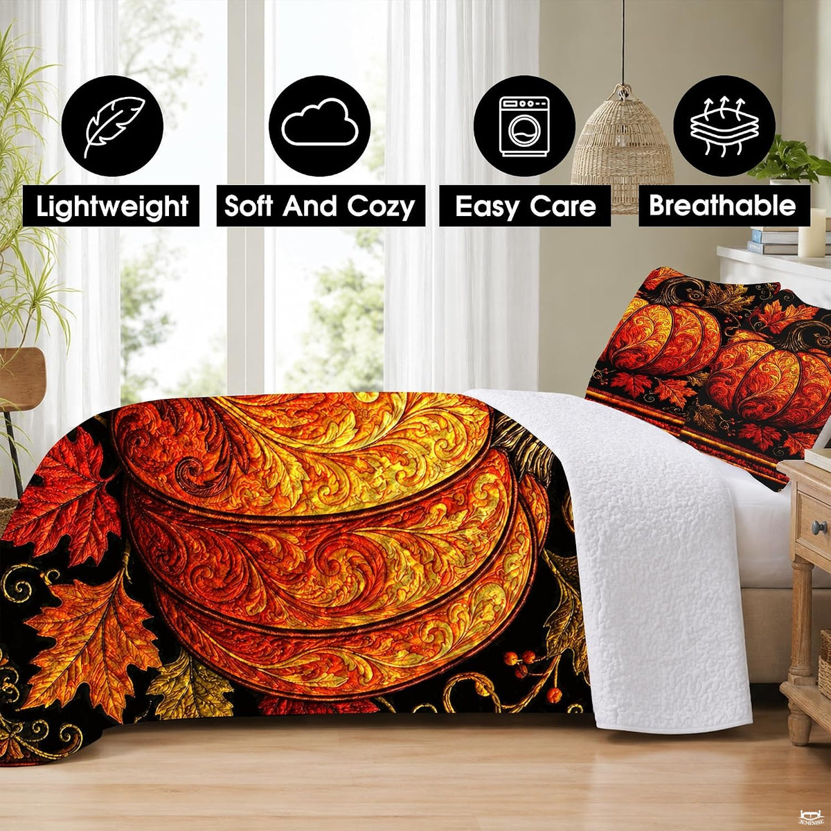Close-up perspective of carved baroque scrollwork on glowing pumpkin and crimson autumn foliage on bedding