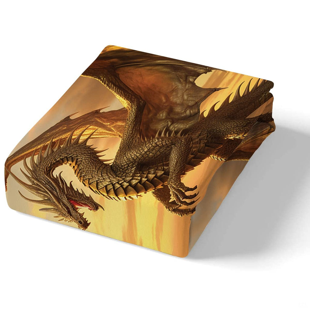 Corner angle of fantasy bedding highlighting radiant amber printing and rich mountain peak terrain contrast
