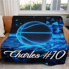 Neon cyber basketball throw blanket view 5 highlighting glowing cyan court graphics and sporty bedroom styling