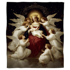 Close-up of classical religious painting with golden celestial stars on navy blue.