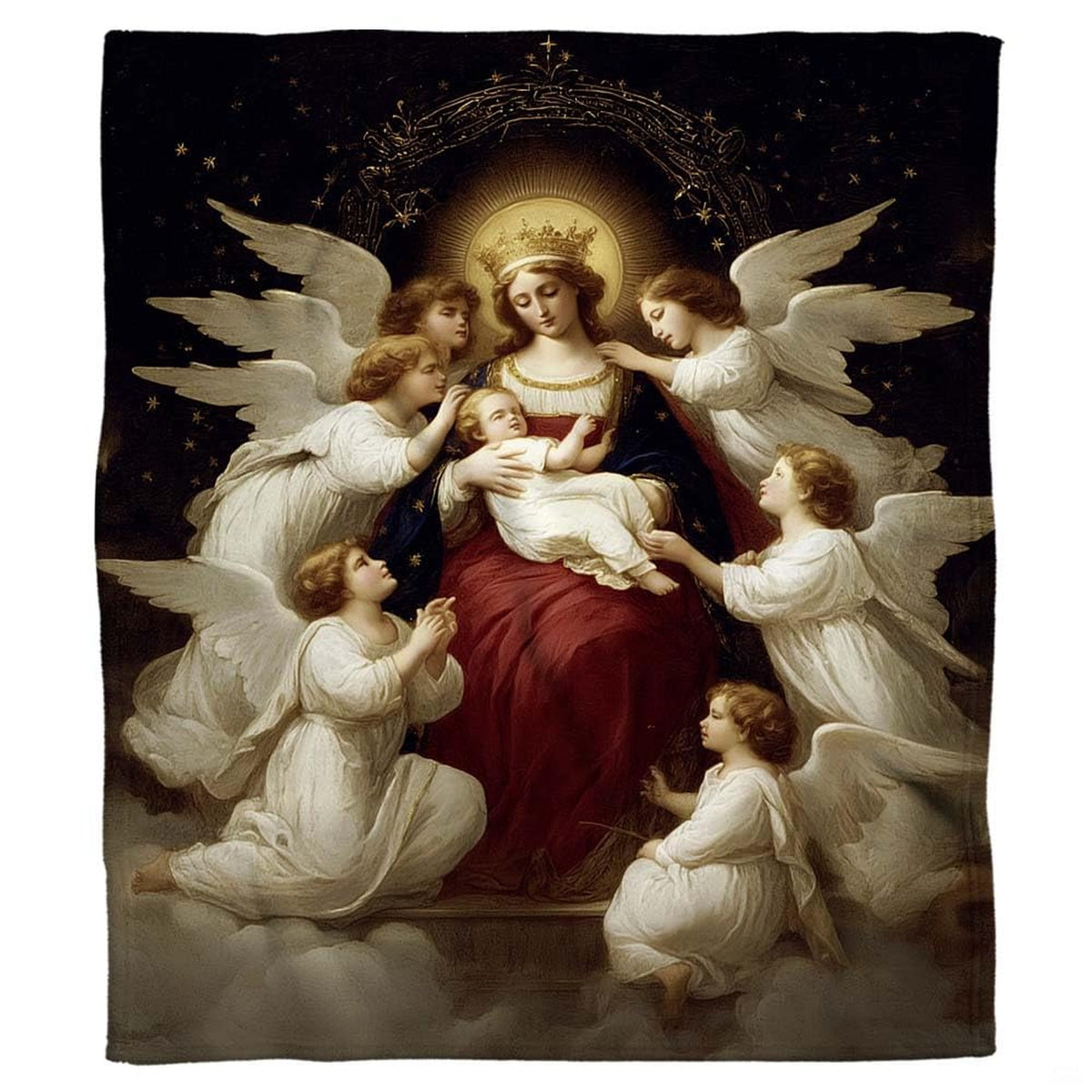 Close-up of classical religious painting with golden celestial stars on navy blue.