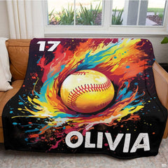 Stylized sports motif depicting a softball player throwing a ball with colorful athletic brushstrokes.