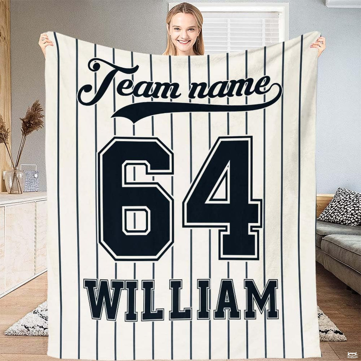 Vintage baseball script header and athletic jersey typography over crisp navy blue pinstripes.