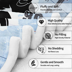 Bed presentation highlighting the dramatic athletic hockey goalie silhouette blanket.