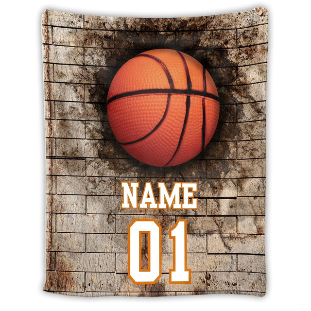 Grunge brick basketball throw blanket featuring 3D basketball bursting through masonry wall