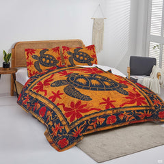 Overhead perspective of turtle bedding arranged across an ocean island-inspired mattress