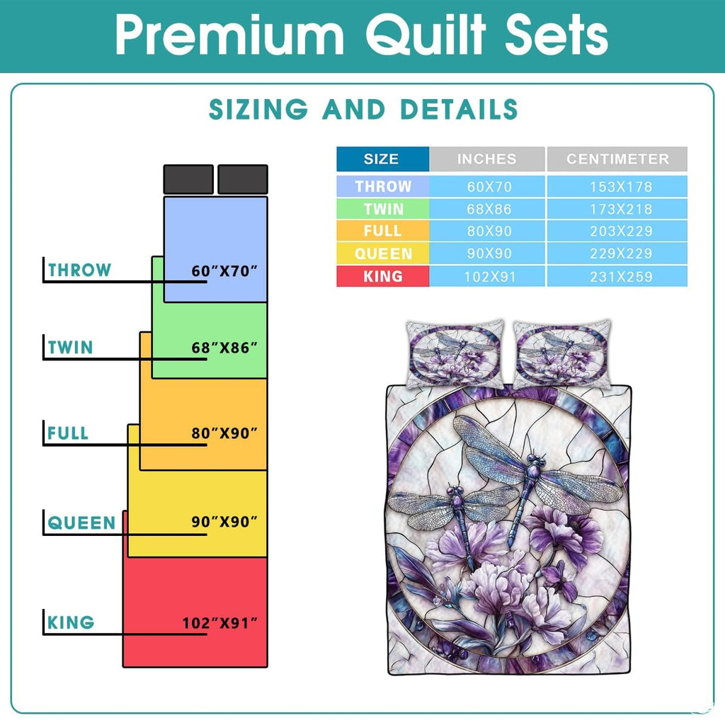 Dragonfly Couple Quilt Set, Dragonflies Patchwork Style Quilt Set - Cotton Quilt Bedding, Patchwork Pattern Quilt Bedspread, Dragonfly Stained Glass Style Bedding Gift