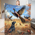 Hunting dog bedding set featuring a black Labrador and flying pheasants in a golden meadow.