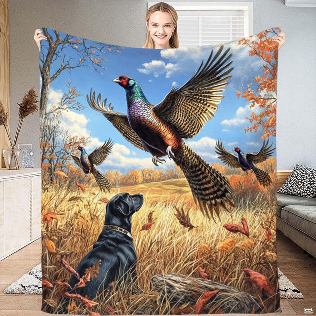 Hunting dog bedding set featuring a black Labrador and flying pheasants in a golden meadow.