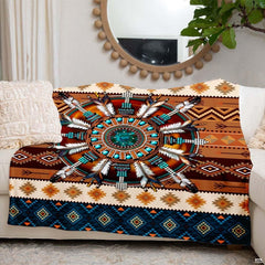 Overhead perspective of turquoise boho bedding set highlighting intricate bohemian feather prints.