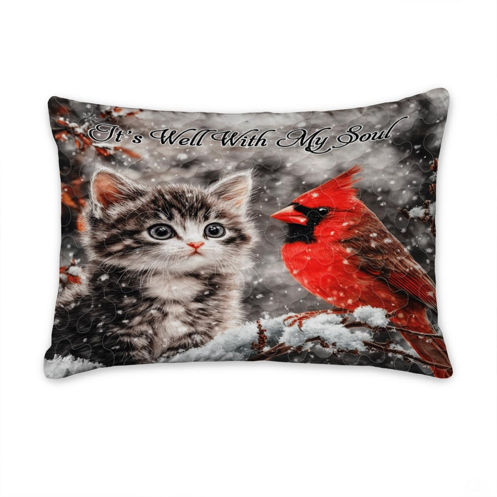 Winter Cat and Cardinal Sitting on Snowy Patchwork Christmas Quilt